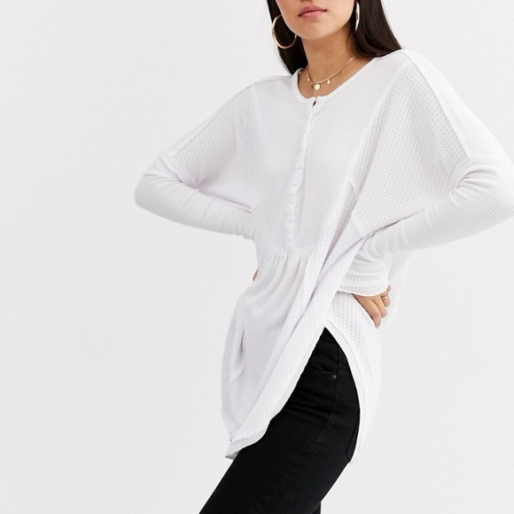 Free People Leo Henley Thermal Waffle Knit Top in White Size Medium - Picture 7 of 7